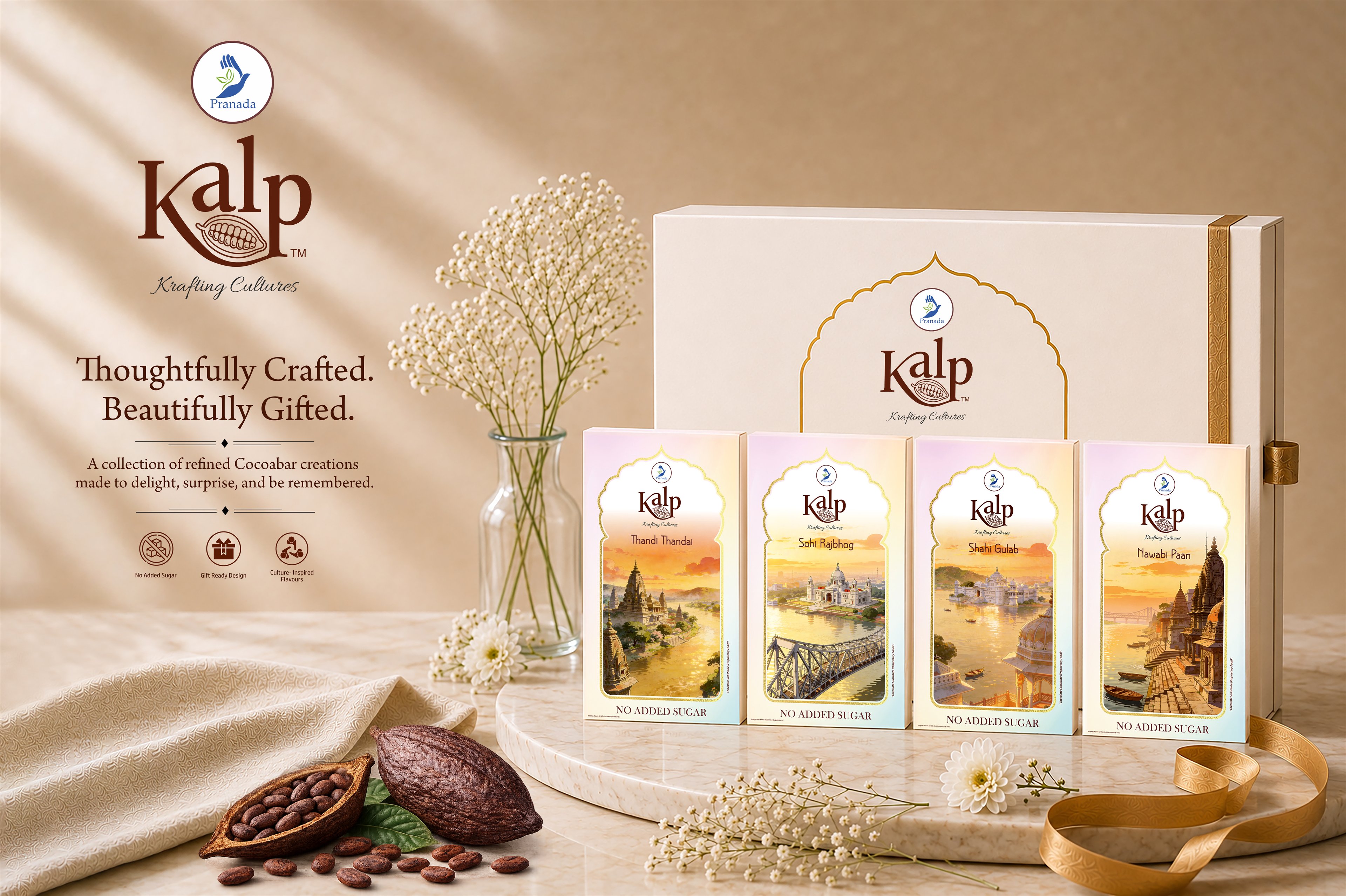 KALP — Thoughtfully Crafted, Beautifully Gifted. All four cocoa bars displayed in a gift box.