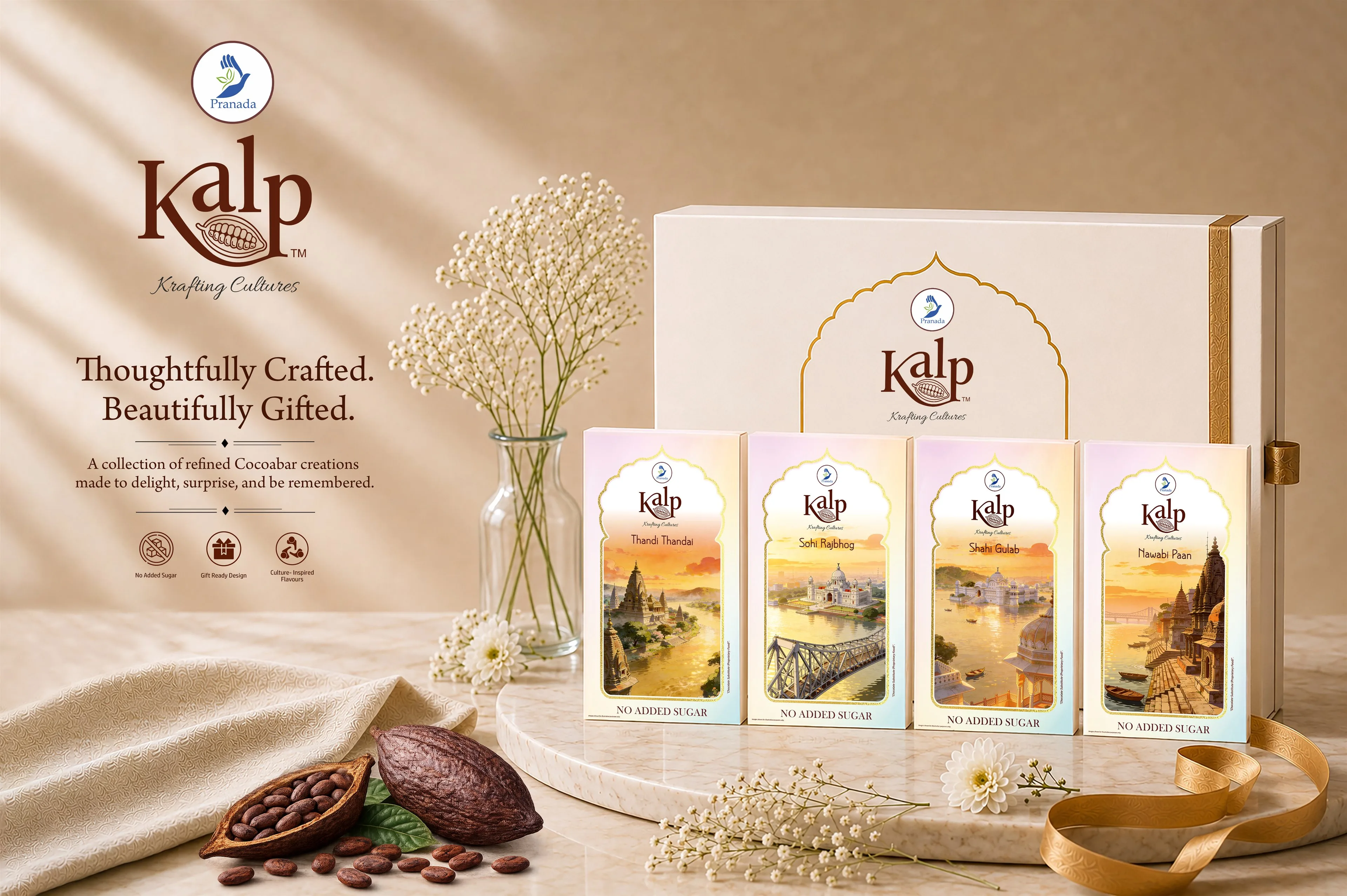 KALP — Thoughtfully Crafted, Beautifully Gifted. All four cocoa bars displayed in a gift box.